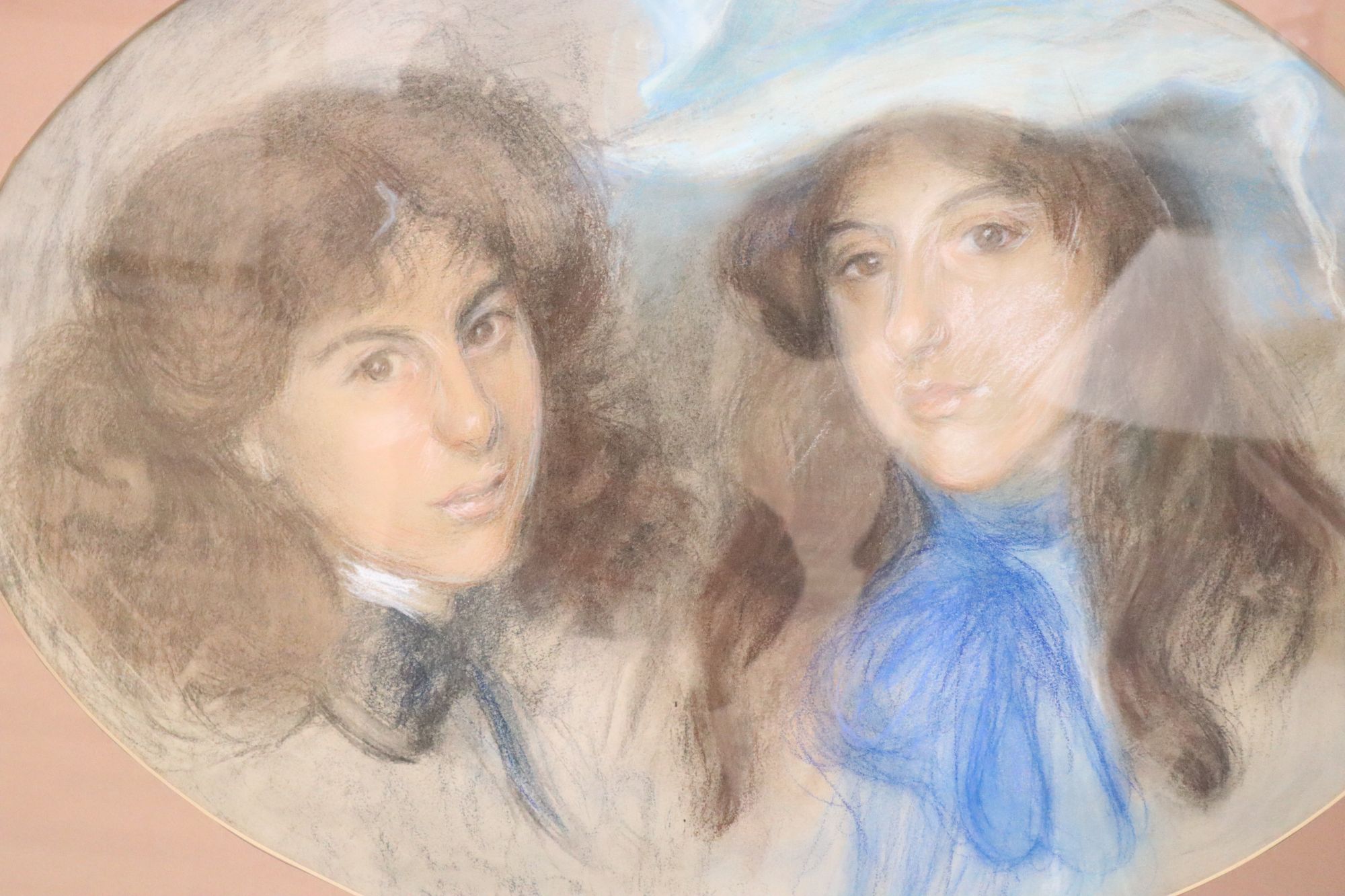 Early 20th century English School, pastel, Portrait of two sisters, oval, 51 x 71cm